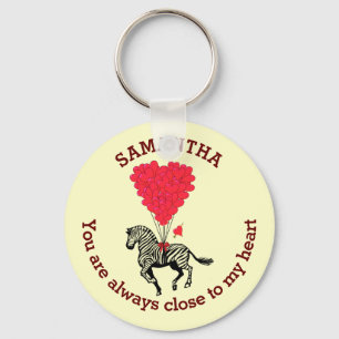 Romantic zebra and red heart personalised key ring