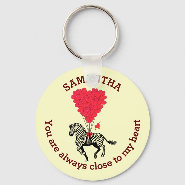 Romantic zebra and red heart personalised key ring (Front)