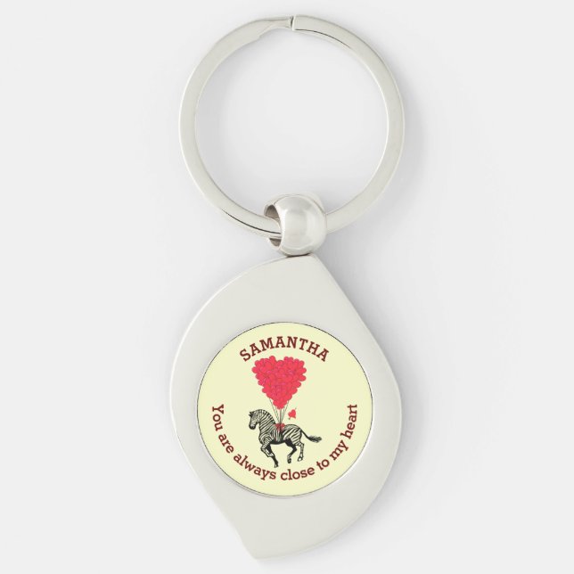 Romantic zebra and red heart personalised key ring (Front)