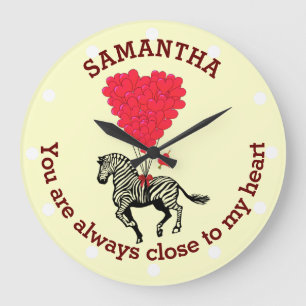 Romantic zebra and red heart personalised large clock