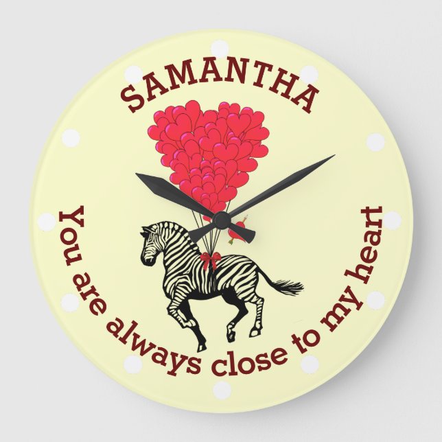 Romantic zebra and red heart personalised large clock (Front)