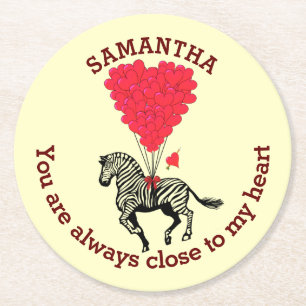 Romantic zebra and red heart personalised round paper coaster