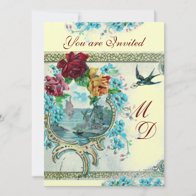 ROMANTİCA 3 ELEGANT GOLD BLUE WEDDING MONOGRAM INVITATION (Front)