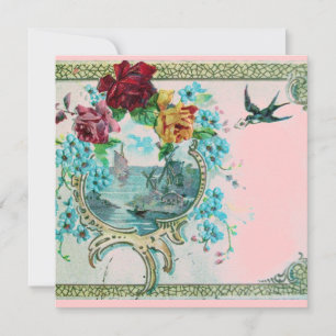 ROMANTICA 3 Floral Blue Pink Wedding Party Invitation