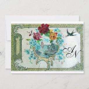 ROMANTİCA 3 MONOGRAM,Blue White Wedding Party Invitation