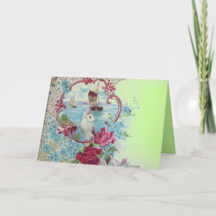 ROMANTICA,BLUE GREEN PINK FLORAL ROSES WITH DOVE HOLIDAY CARD