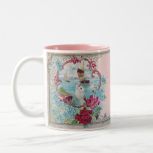 ROMANTICA,BLUE GREEN PINK FLORAL ROSES WITH DOVE  Two-Tone COFFEE MUG