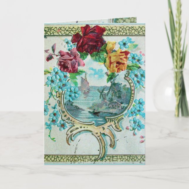 ROMANTICA,BLUE PINK FLORAL ROSES WITH SWALLOW HOLIDAY CARD (Front)