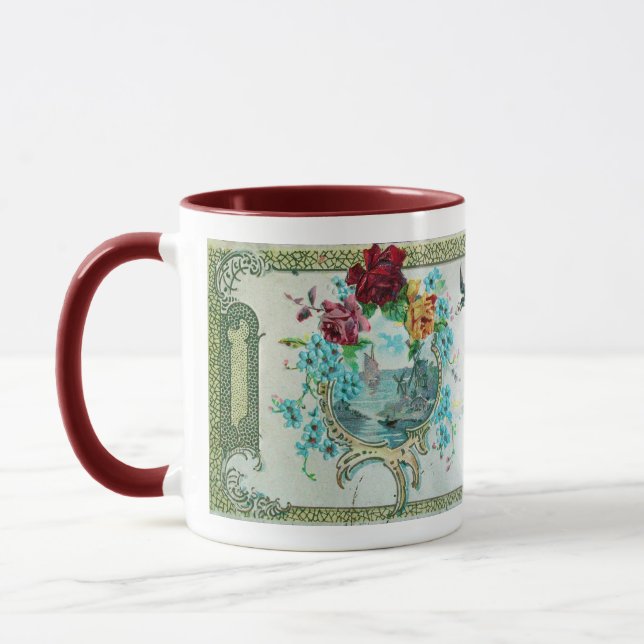 ROMANTICA,BLUE PINK FLORAL ROSES WITH SWALLOW MUG (Left)
