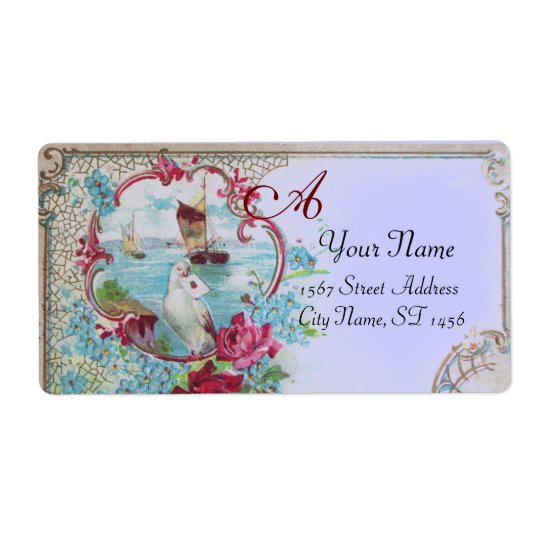 ROMANTICA,DOVE,BUE FLORAL BEACH WEDDING MONOGRAM SHIPPING LABEL
