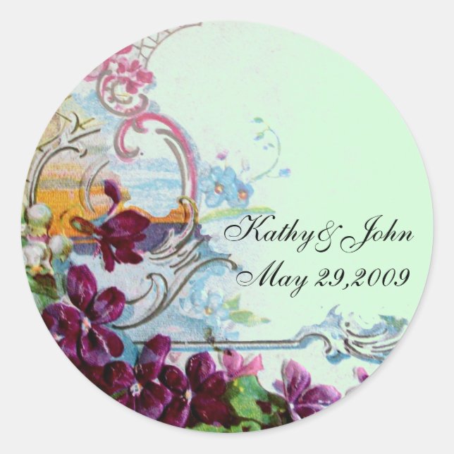 ROMANTICA /ELEGANT FLORAL /PANSIES,SNOWDROPS Green Classic Round Sticker (Front)
