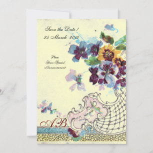 ROMANTICA Floral Blue Pink Cream Wedding Monogram Invitation
