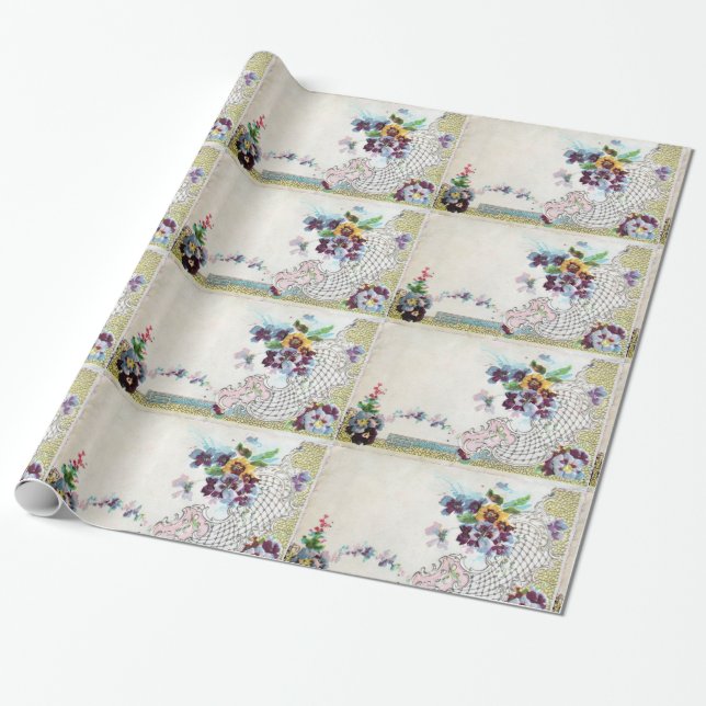 ROMANTİCA Floral,Elegant Flower Basket,Pansies Wrapping Paper (Unrolled)