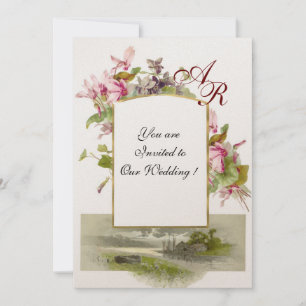 ROMANTİCA MONOGRAM /CYCLAMENS,pink green champagne Invitation