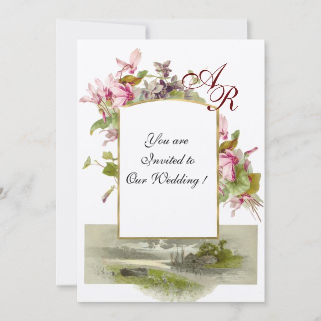 ROMANTİCA MONOGRAM /CYCLAMENS,pink green felt Invitation (Front)