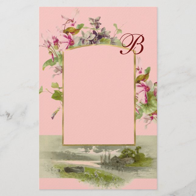 ROMANTİCA MONOGRAM / CYCLAMENS,pink green Stationery (Front)