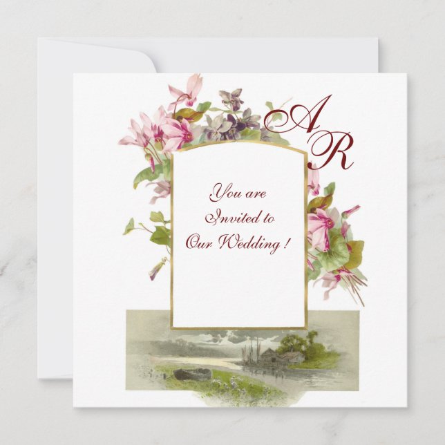 ROMANTİCA MONOGRAM /CYCLAMENS,pink green white Invitation (Front)