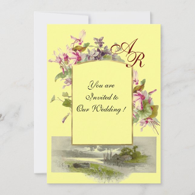 ROMANTİCA MONOGRAM / CYCLAMENS, pink green yellow Invitation (Front)