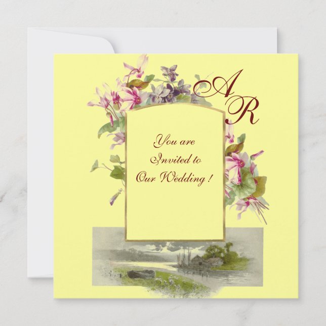 ROMANTİCA MONOGRAM /CYCLAMENS,pink green yellow Invitation (Front)