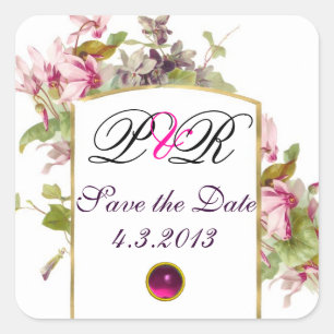ROMANTİCA MONOGRAM / PINK CYCLAMENS SAVE THE DATE SQUARE STICKER