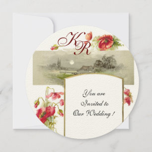 ROMANTİCA MONOGRAM / POPPIES,red,green,champagne Invitation