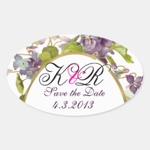 ROMANTİCA MONOGRAM / PURPLE VIOLETS SAVE THE DATE OVAL STICKER