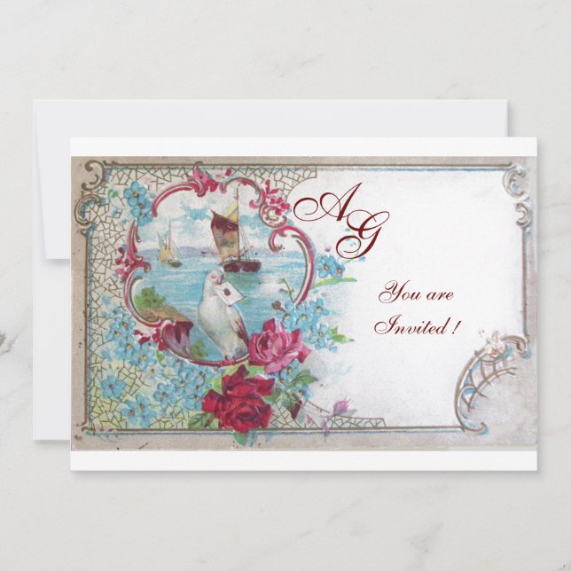 ROMANTICA  MONOGRAM, red white blue pink Invitation (Front)