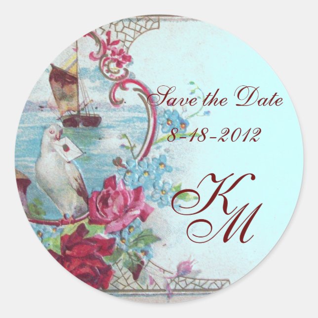 ROMANTICA MONOGRAM,Save the Date,blue Classic Round Sticker (Front)