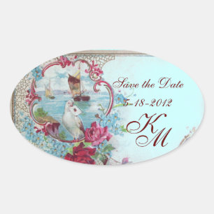 ROMANTICA MONOGRAM,Save the Date, Blue Oval Sticker
