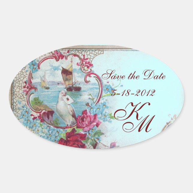 ROMANTICA MONOGRAM,Save the Date, Blue Oval Sticker (Front)