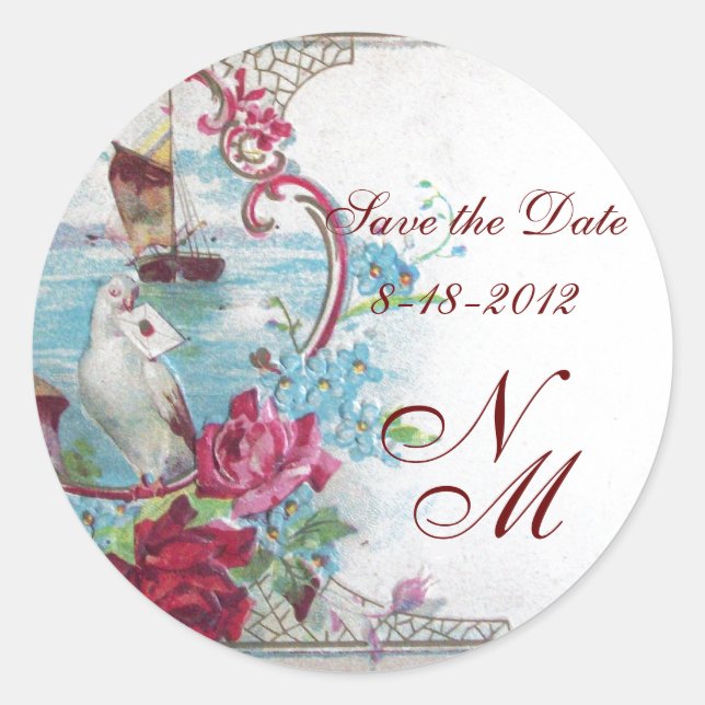 ROMANTICA MONOGRAM,Save the Date,white Classic Round Sticker (Front)