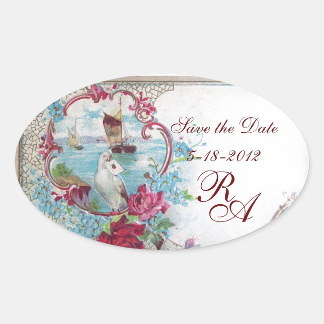 ROMANTICA MONOGRAM,Save the Date,White Oval Sticker (Front)