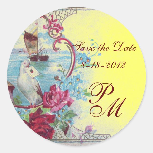 ROMANTICA MONOGRAM,Save the Date,yellow Classic Round Sticker (Front)