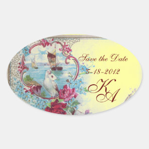 ROMANTICA MONOGRAM,Save the Date, Yellow Oval Sticker