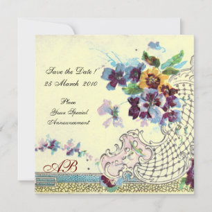 ROMANTİCA Pink Blue Cream Floral Wedding Monogram Invitation