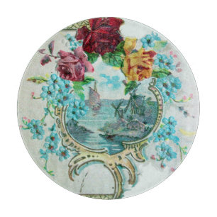 ROMANTİCA Romantic Seascape,Blue Flowers, Roses  Cutting Board