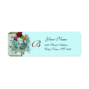 ROMANTICA TEAL BLUE FLORAL BEACH WEDDING MONOGRAM RETURN ADDRESS LABEL