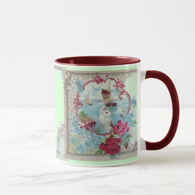 ROMANTICA, TEAL BLUE GREEN PINK FLORAL ROSES,DOVE  MUG (Right)
