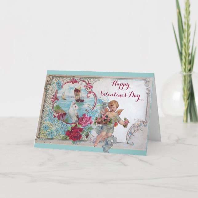 ROMANTICA /VALENTINE CUPID GATHERING PINK ROSES HOLIDAY CARD (Front)