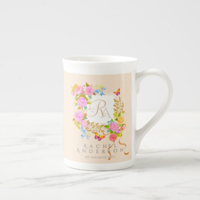 Romantics Blooming Garden Monogram Beige Bone China Mug (Right)