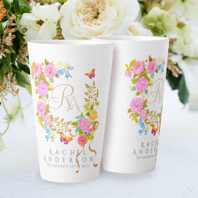 Romantics Blooming Garden Monogram White Latte Mug (Elegant romantic flowers monogram design.)
