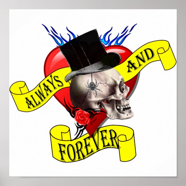 Romatic skull and heart tattoo design poster (Front)