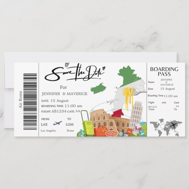 Rome Boarding Pass Save the Date ticket Invitation (Front)