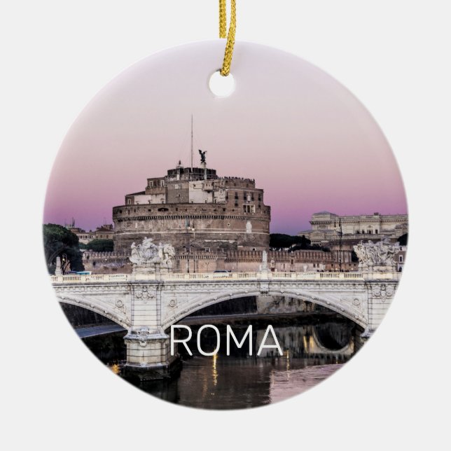 Rome Castel Sant'Angelo Bridge Sunset Panorama Lug Ceramic Ornament (Front)