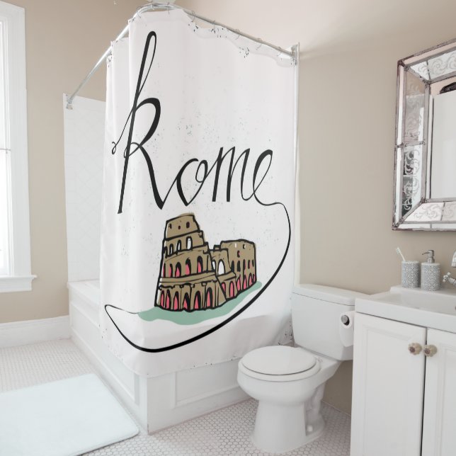 Rome Hand Lettered Design Shower Curtain (In Situ)