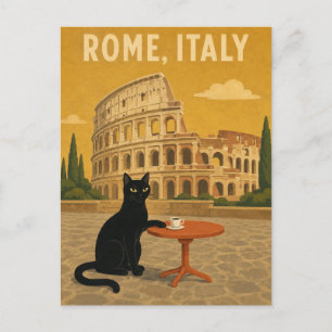 Rome Italy Black Cat Colosseum Vintage Coffee Postcard