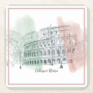 Rome Italy Colosseum and Italy Flag Colors Sketch Square Paper Coaster