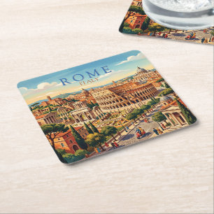 Rome Italy Colosseum Travel Art Vintage Square Paper Coaster