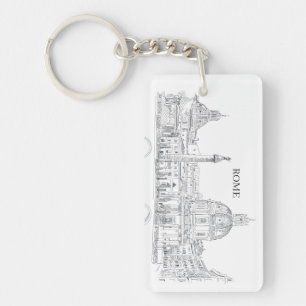 Rome Italy Domes and Obelisk Ink Drawing Key Ring