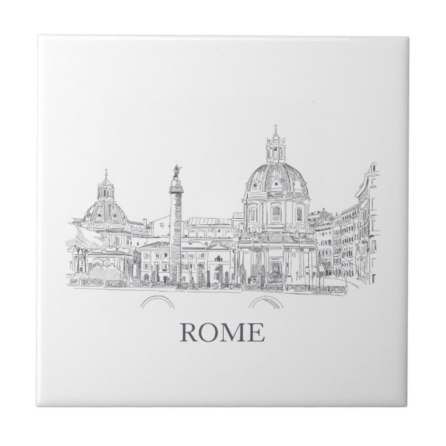 Rome Italy Domes and Obelisk Pen and Ink Sketch Ceramic Tile (Front)